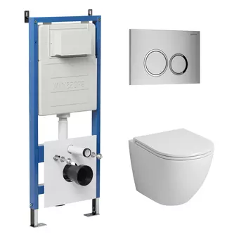 Комплект Унитаз подвесной с инсталляцией Grossman Galaxy 97.4455S.01.110 безободковый, белый + Кнопка смыва хром матовый