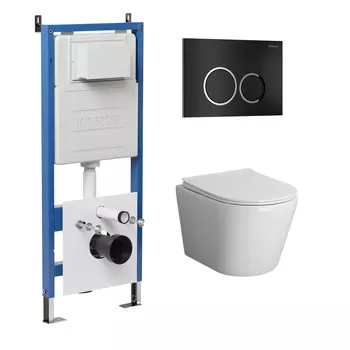 Комплект Унитаз подвесной с инсталляцией Grossman Galaxy 97.4478BMS.01.210 безободковый, черный матовый + Кнопка смыва черная матовая