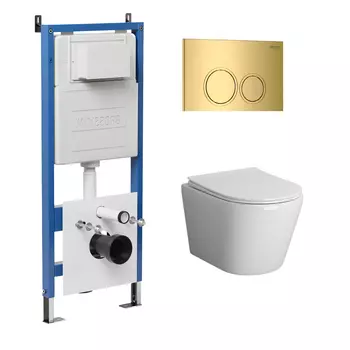 Комплект Унитаз подвесной с инсталляцией Grossman Galaxy 97.4478BMS.01.300 безободковый, черный матовый + Кнопка смыва золото глянцевое