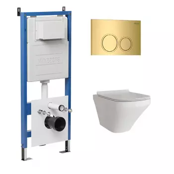 Комплект Унитаз подвесной с инсталляцией Grossman Galaxy 97.4440S.01.300 безободковый, белый + Кнопка смыва золото глянцевое