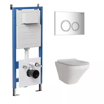 Комплект Унитаз подвесной с инсталляцией Grossman Galaxy 97.4440S.01.100 безободковый, белый + Кнопка смыва хром глянцевый