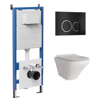 Комплект Унитаз подвесной с инсталляцией Grossman Galaxy 97.4440S.01.210 безободковый, белый + Кнопка смыва черная матовая