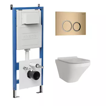 Комплект Унитаз подвесной с инсталляцией Grossman Galaxy 97.4440S.01.310 безободковый, белый + Кнопка смыва золото матовое