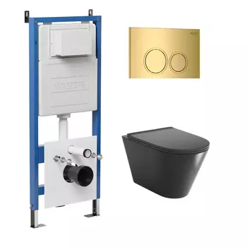 Комплект Унитаз подвесной с инсталляцией Grossman Galaxy 97.4477BMSQ.01.300 безободковый, черный матовый + Кнопка смыва золото глянцевое