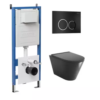 Комплект Унитаз подвесной с инсталляцией Grossman Galaxy 97.4477BMSQ.01.210 безободковый, черный матовый + Кнопка смыва черная матовая