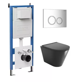 Комплект Унитаз подвесной с инсталляцией Grossman Galaxy 97.4477BMSQ.01.100 безободковый, черный матовый + Кнопка смыва хром глянцевый