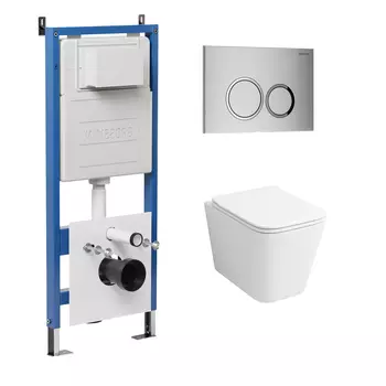 Комплект Унитаз подвесной с инсталляцией Grossman Galaxy 97.4441S.01.110 безободковый, белый + Кнопка смыва хром матовый