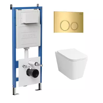 Комплект Унитаз подвесной с инсталляцией Grossman Galaxy 97.4441S.01.300 безободковый, белый + Кнопка смыва золото глянцевое