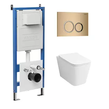 Комплект Унитаз подвесной с инсталляцией Grossman Galaxy 97.4441S.01.310 безободковый, белый + Кнопка смыва золото матовое