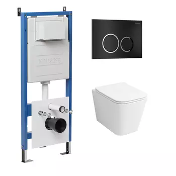 Комплект Унитаз подвесной с инсталляцией Grossman Galaxy 97.4441S.01.210 безободковый, белый + Кнопка смыва черная матовая