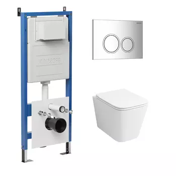 Комплект Унитаз подвесной с инсталляцией Grossman Galaxy 97.4441S.01.100 безободковый, белый + Кнопка смыва хром глянцевый