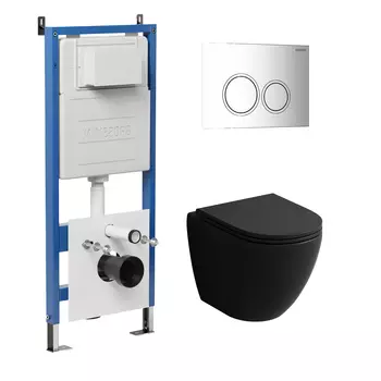 Комплект Унитаз подвесной с инсталляцией Grossman Galaxy 97.4455BMSQ.01.100 безободковый, черный матовый+ Кнопка смыва хром глянцевый