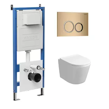 Комплект Унитаз подвесной с инсталляцией Grossman Galaxy 97.4477S.01.310 безободковый, белый+ Кнопка смыва золото матовое