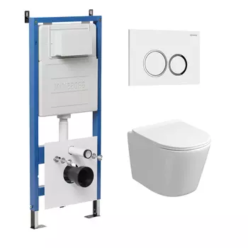 Комплект Унитаз подвесной с инсталляцией Grossman Galaxy 97.4477S.01.100 безободковый, белый+ Кнопка смыва хром глянцевый