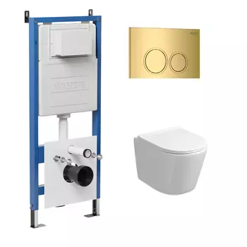 Комплект Унитаз подвесной с инсталляцией Grossman Galaxy 97.4477S.01.300 безободковый, белый+ Кнопка смыва золото глянцевое