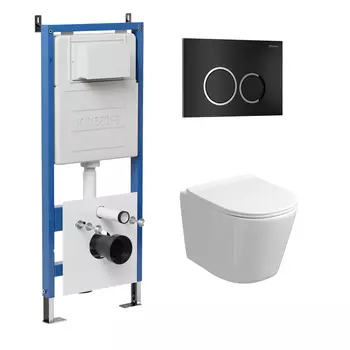 Комплект Унитаз подвесной с инсталляцией Grossman Galaxy 97.4477S.01.210 безободковый, белый+ Кнопка смыва черная матовая