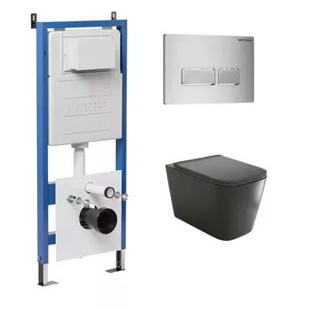 Комплект Унитаз подвесной с инсталляцией Grossman Pragma 97.4441BMS.03.110 безободковый, черный матовый + Кнопка смыва хром матовый