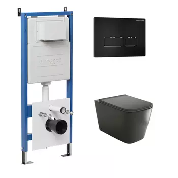 Комплект Унитаз подвесной с инсталляцией Grossman Pragma 97.4441BMS.03.210 безободковый, черный матовый + Кнопка смыва черная матовая