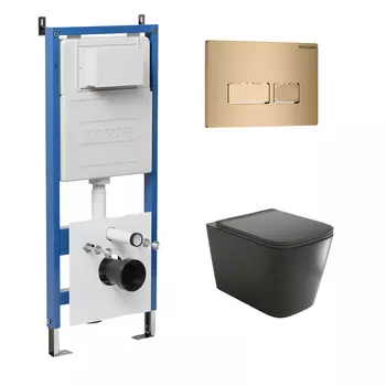 Комплект Унитаз подвесной с инсталляцией Grossman Pragma 97.4441BMS.03.310 безободковый, черный матовый + Кнопка смыва золото матовое