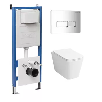 Комплект Унитаз подвесной с инсталляцией Grossman Pragma 97.4441S.03.100 безободковый, белый + Кнопка смыва хром глянцевый