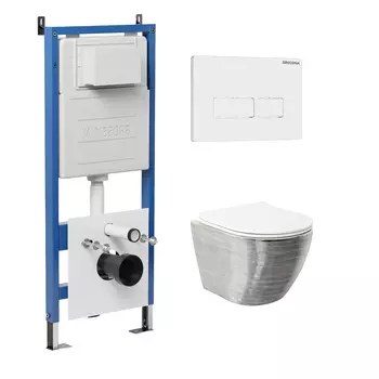 Комплект Унитаз подвесной с инсталляцией Grossman Pragma 97.4455SWS.03.000 безободковый, серебро+ Кнопка смыва белая