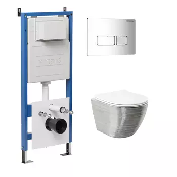 Комплект Унитаз подвесной с инсталляцией Grossman Pragma 97.4455SWS.03.100 безободковый, серебро+ Кнопка смыва хром глянцевый