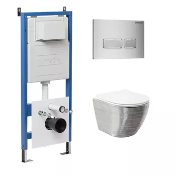 Комплект Унитаз подвесной с инсталляцией Grossman Pragma 97.4455SWS.03.110 безободковый, серебро+ Кнопка смыва хром матовый