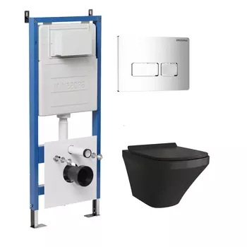 Комплект Унитаз подвесной с инсталляцией Grossman Pragma 97.4440BMS.03.100 безободковый, черный матовый+ Кнопка смыва хром глянцевый