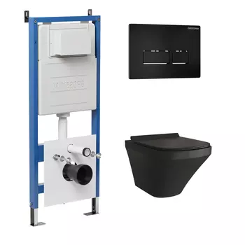 Комплект Унитаз подвесной с инсталляцией Grossman Pragma 97.4440BMS.03.210 безободковый, черный матовый+ Кнопка смыва черная матовая