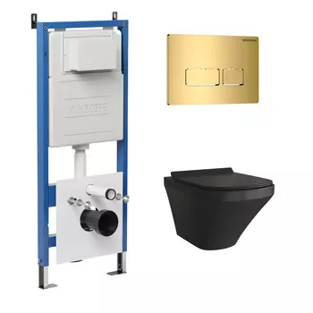 Комплект Унитаз подвесной с инсталляцией Grossman Pragma 97.4440BMS.03.300 безободковый, черный матовый+ Кнопка смыва золото глянцевое