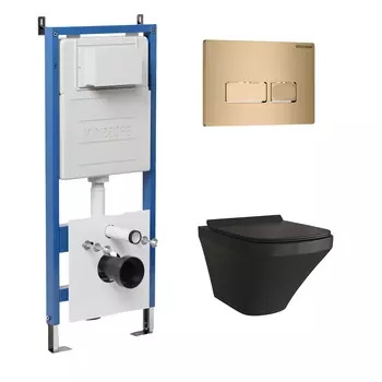 Комплект Унитаз подвесной с инсталляцией Grossman Pragma 97.4440BMS.03.310 безободковый, черный матовый+ Кнопка смыва золото матовое