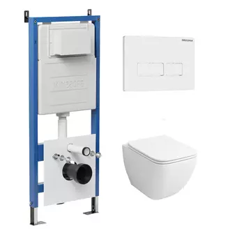 Комплект Унитаз подвесной с инсталляцией Grossman Pragma 97.4447S.03.000 безободковый, белый+ Кнопка смыва белая