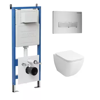 Комплект Унитаз подвесной с инсталляцией Grossman Pragma 97.4447S.03.110 безободковый, белый+ Кнопка смыва хром матовый