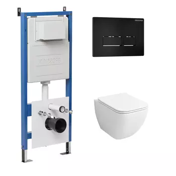 Комплект Унитаз подвесной с инсталляцией Grossman Pragma 97.4447S.03.210 безободковый, белый+ Кнопка смыва черная матовая