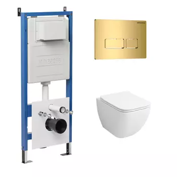 Комплект Унитаз подвесной с инсталляцией Grossman Pragma 97.4447S.03.300 безободковый, белый+ Кнопка смыва золото глянцевое