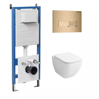 Комплект Унитаз подвесной с инсталляцией Grossman Pragma 97.4447S.03.310 безободковый, белый+ Кнопка смыва золото матовое