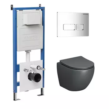 Комплект Унитаз подвесной с инсталляцией Grossman Pragma 97.4455GMS.03.100 безободковый, серый матовый+ Кнопка смыва хром глянцевый