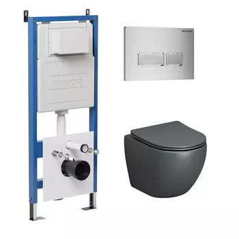 Комплект Унитаз подвесной с инсталляцией Grossman Pragma 97.4455GMS.03.110 безободковый, серый матовый+ Кнопка смыва хром матовый