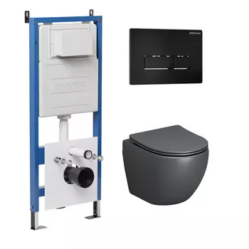 Комплект Унитаз подвесной с инсталляцией Grossman Pragma 97.4455GMS.03.210 безободковый, серый матовый+ Кнопка смыва черная матовая