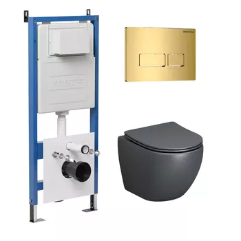 Комплект Унитаз подвесной с инсталляцией Grossman Pragma 97.4455GMS.03.300 безободковый, серый матовый+ Кнопка смыва золото глянцевое