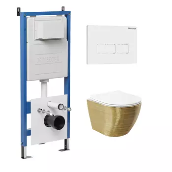 Комплект Унитаз подвесной с инсталляцией Grossman Pragma 97.4455GWS.03.000 безободковый, золото+ Кнопка смыва белая