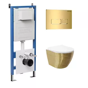 Комплект Унитаз подвесной с инсталляцией Grossman Pragma 97.4455GWS.03.300 безободковый, золото+ Кнопка смыва золото глянцевое