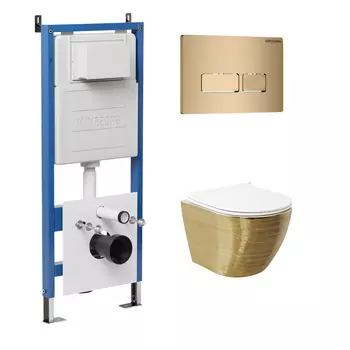 Комплект Унитаз подвесной с инсталляцией Grossman Pragma 97.4455GWS.03.310 безободковый, золото+ Кнопка смыва золото матовое