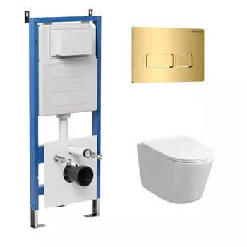 Комплект Унитаз подвесной с инсталляцией Grossman Pragma 97.4477SQ.03.300 безободковый, белый+ Кнопка смыва золото глянцевое