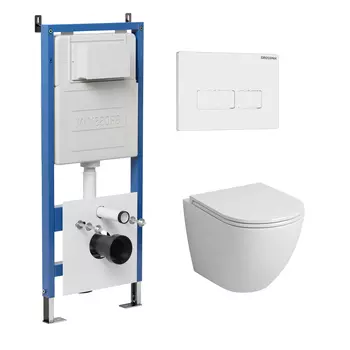 Комплект Унитаз подвесной с инсталляцией Grossman Pragma 97.4455S.03.000 безободковый, белый + Кнопка смыва белая