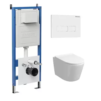 Комплект Унитаз подвесной с инсталляцией Grossman Pragma 97.4477S.03.000 безободковый, белый+ Кнопка смыва белая