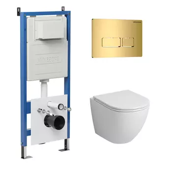 Комплект Унитаз подвесной с инсталляцией Grossman Pragma 97.4455S.03.300 безободковый, белый + Кнопка смыва золото глянцевое