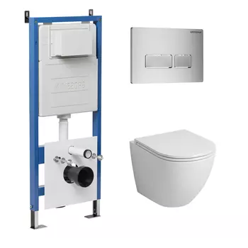 Комплект Унитаз подвесной с инсталляцией Grossman Pragma 97.4455S.03.110 безободковый, белый + Кнопка смыва хром матовый