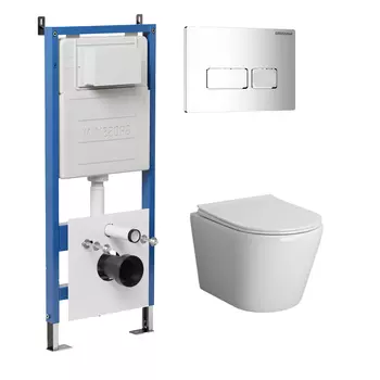 Комплект Унитаз подвесной с инсталляцией Grossman Pragma 97.4478BMS.03.100 безободковый, черный матовый + Кнопка смыва хром глянцевый