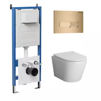 Комплект Унитаз подвесной с инсталляцией Grossman Pragma 97.4478BMS.03.310 безободковый, черный матовый + Кнопка смыва золото матовое